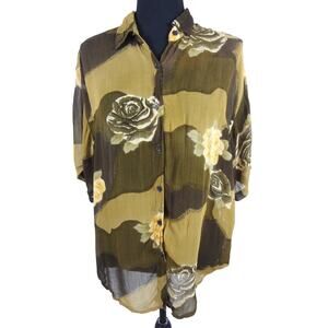 Vintage 90s Tina Army Green Yellow Button Down Sheer Top Roses Boho Medium Camo